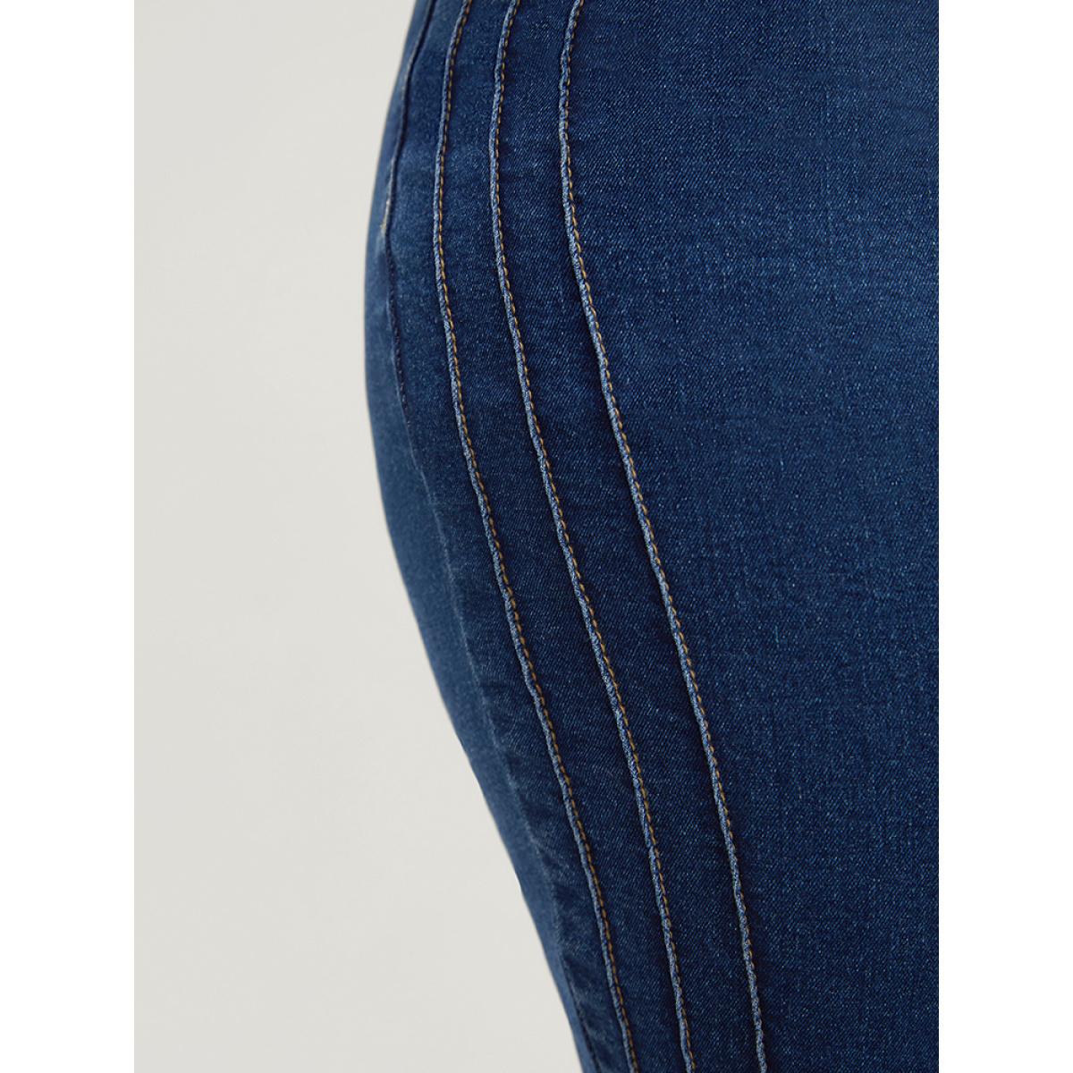 Plus Size Very Stretchy High Rise Medium Wash Pleated Detail Jeans Women DarkBlue Casual Plain Roll Hem High stretch Pocket Jeans BloomChic 28/5X Product Image