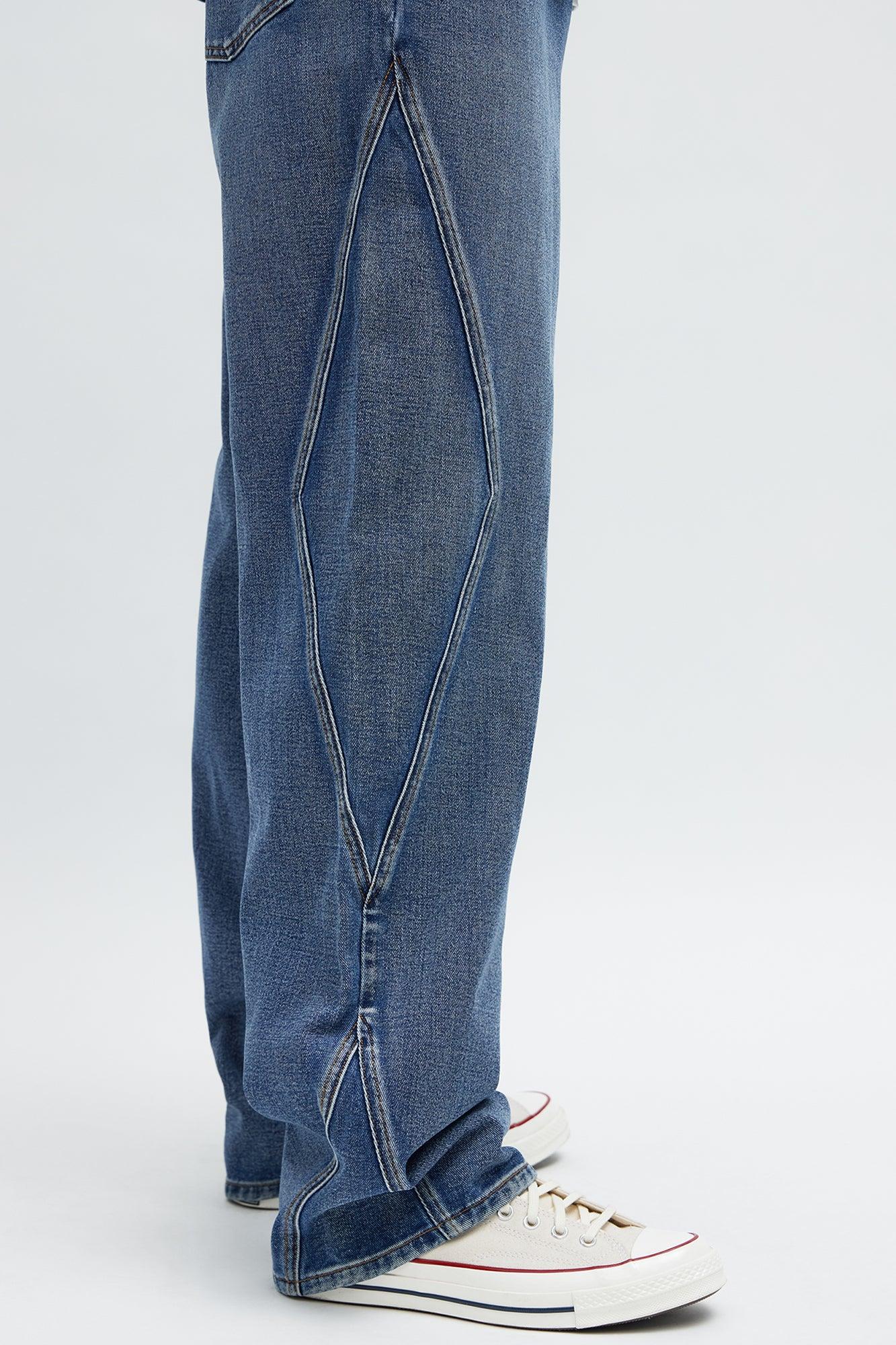 Baggy Faded Paneled Jeans - Medium Blue Wash Male Product Image
