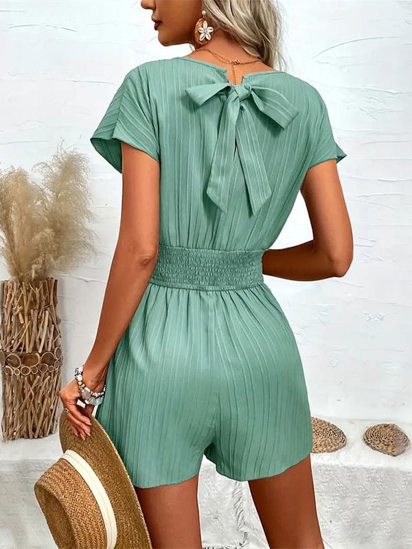 Loose Raglan Sleeve Elasticity Pleated Solid Color Split-Joint V-Neck Rompers Product Image