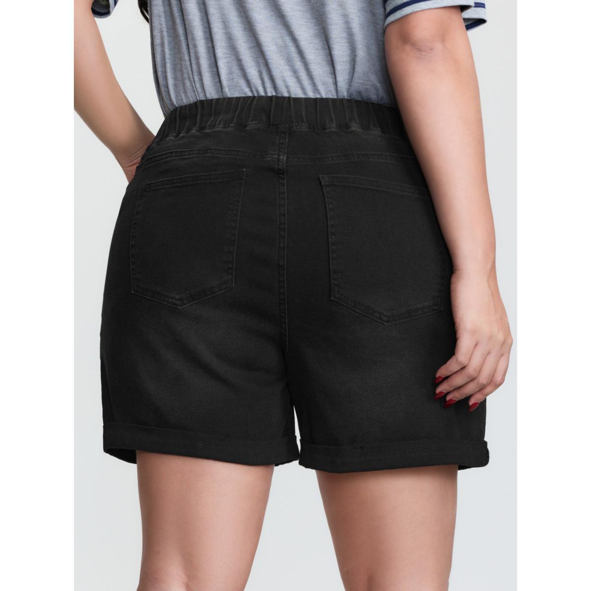 Plus Size Distressed Drawstring Roll Hem Denim Shorts Women Black Distressed Mid Rise High stretch Casual Slanted pocket Leisure Denim Shorts BloomChic 10/M Product Image