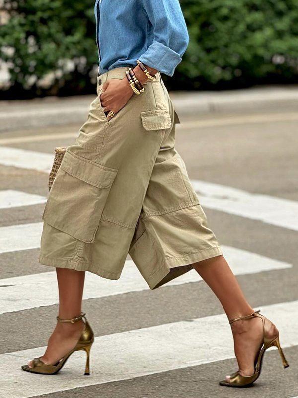 Loose Wide Leg Buttoned Pockets Solid Color Split-Joint Capri-Pants Cropped Trousers Product Image