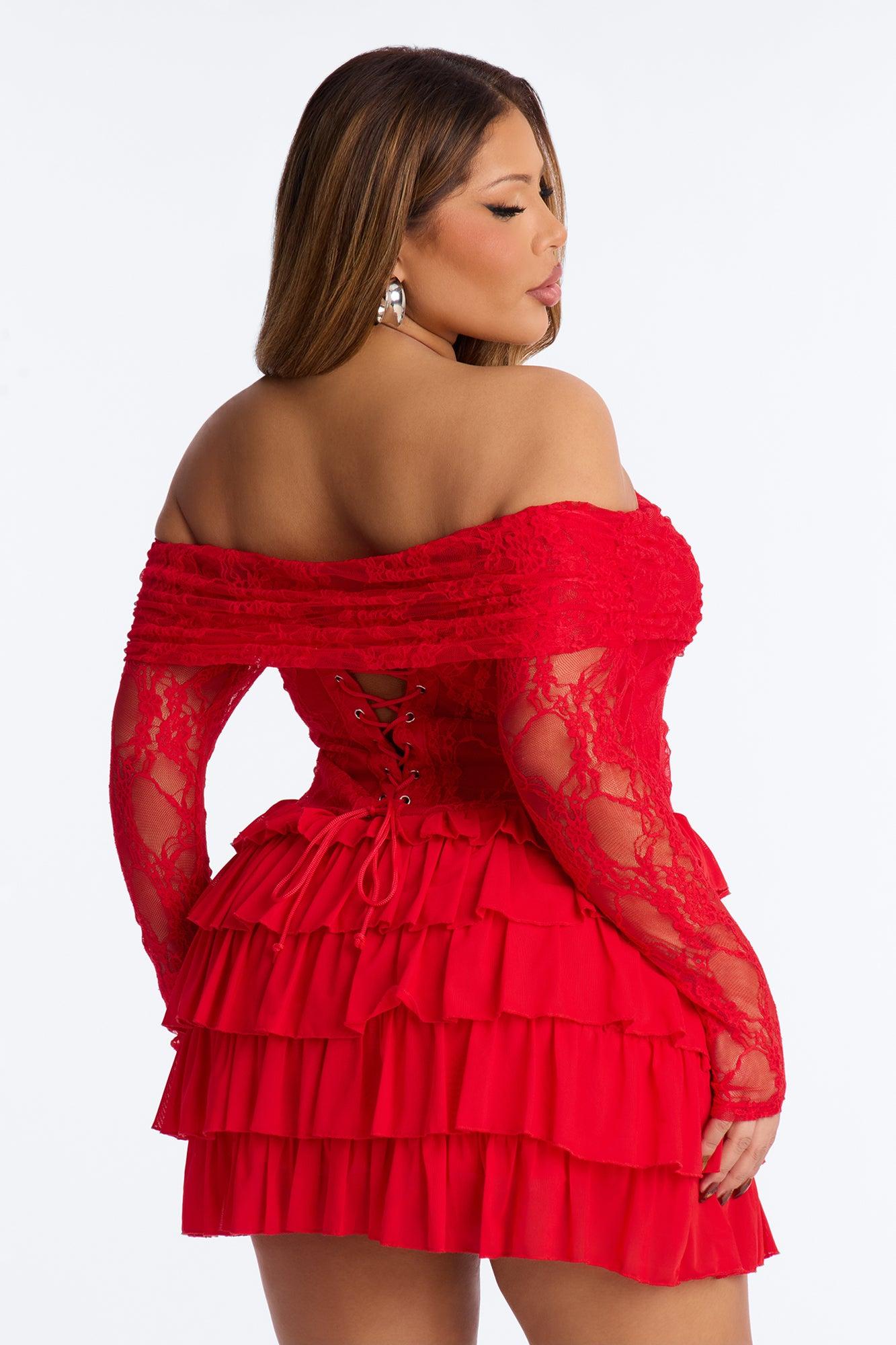 Elsie Ruffle Lace Mini Dress - Red Female Product Image