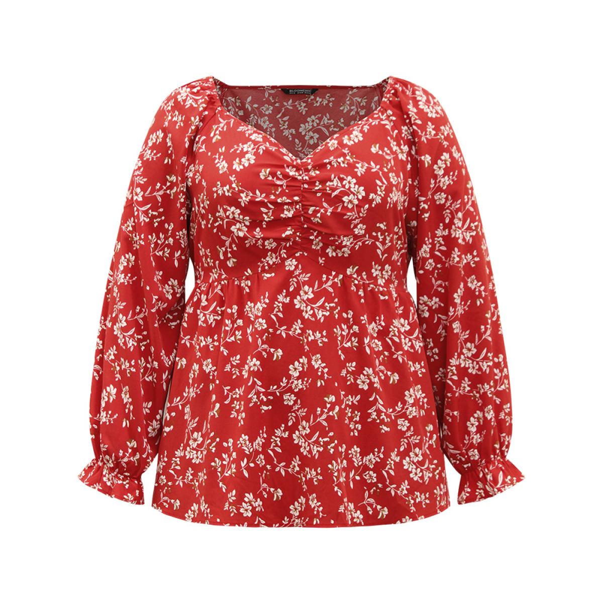 Plus Size Rust Floral Print Ruched Lantern Sleeve Blouse Women Elegant Long Sleeve V-neck Dailywear Blouses BloomChic 14-16/1X Product Image
