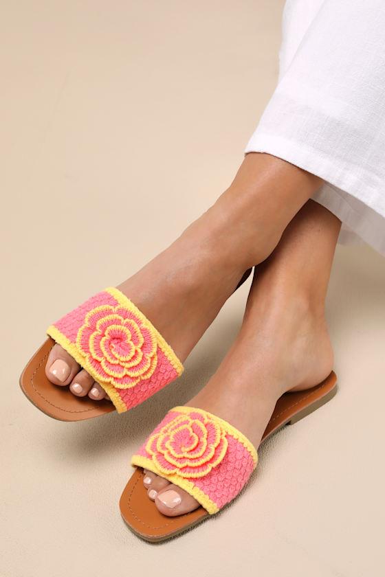 Simmy Yellow and Pink Flower Slide Sandals Product Image