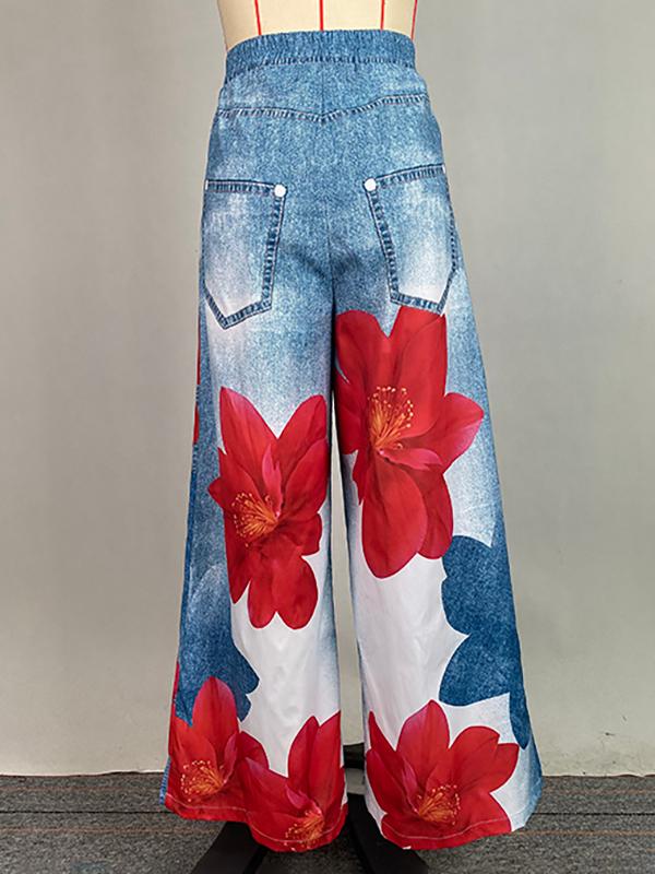 Loose Wide Leg Flower Print Jean Pants Bottoms Trousers Product Image