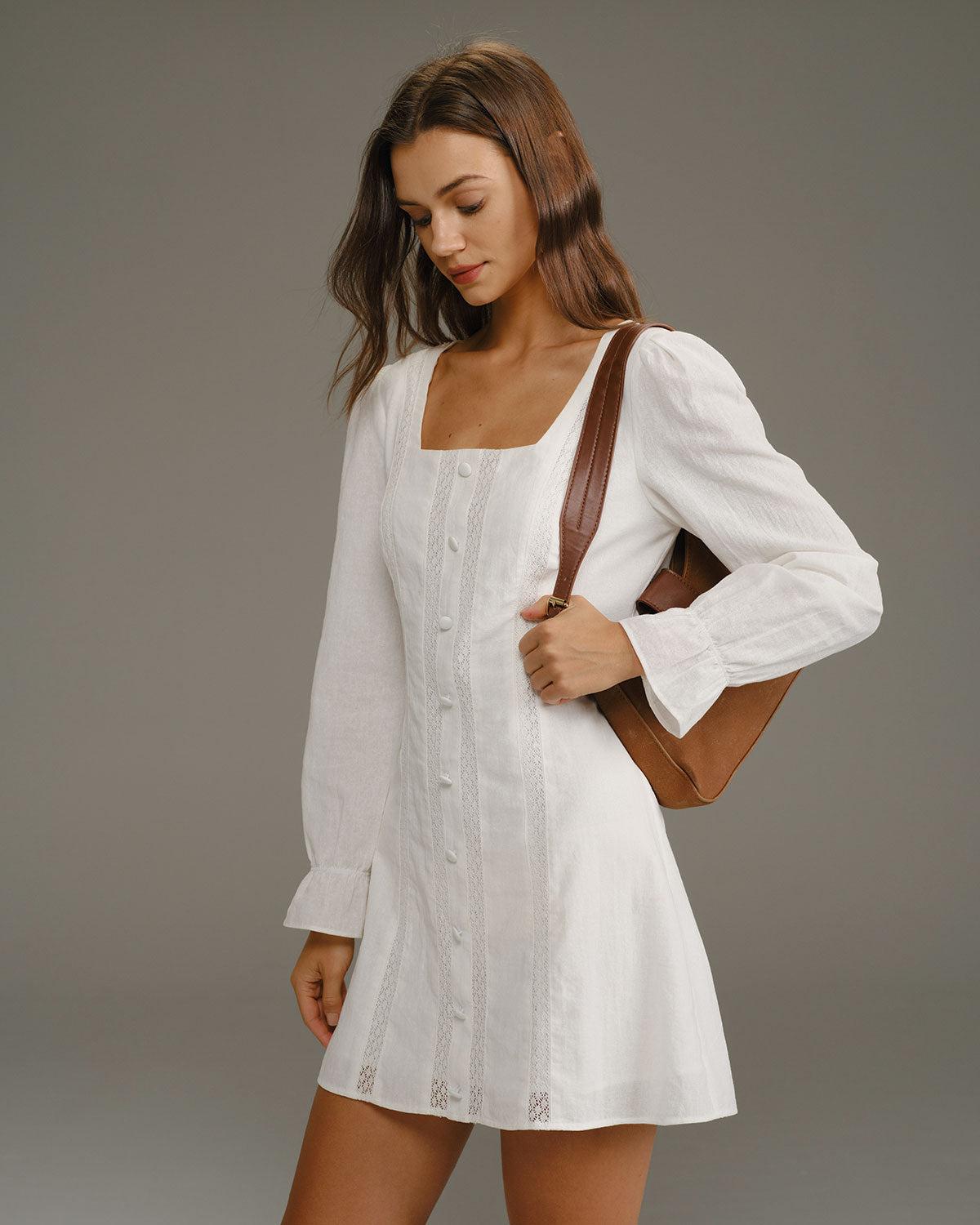 White Square Neck A-Line Mini Dress Product Image