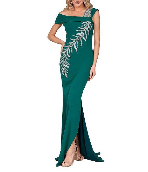 Terani Couture Off-the-Shoulder Short Sleeve Side Slit Cascading Leaf Bead Mermaid Gown Product Image