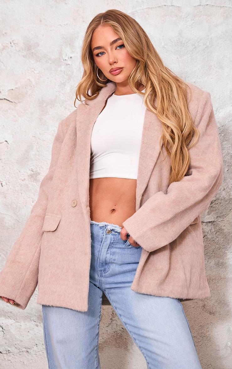Beige Oversized Textured Wool Look Blazer Product Image