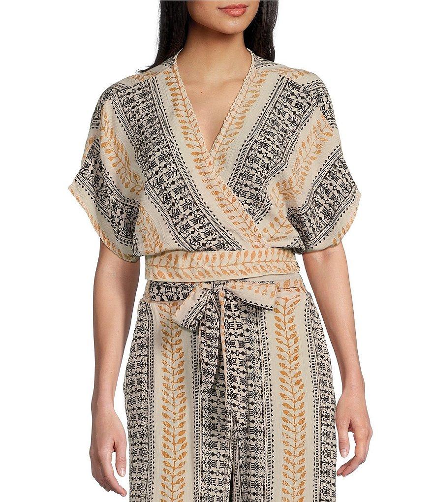 Angie Printed Surplus V-Neck Flutter Sleeve Wrap Cropped Top Product Image