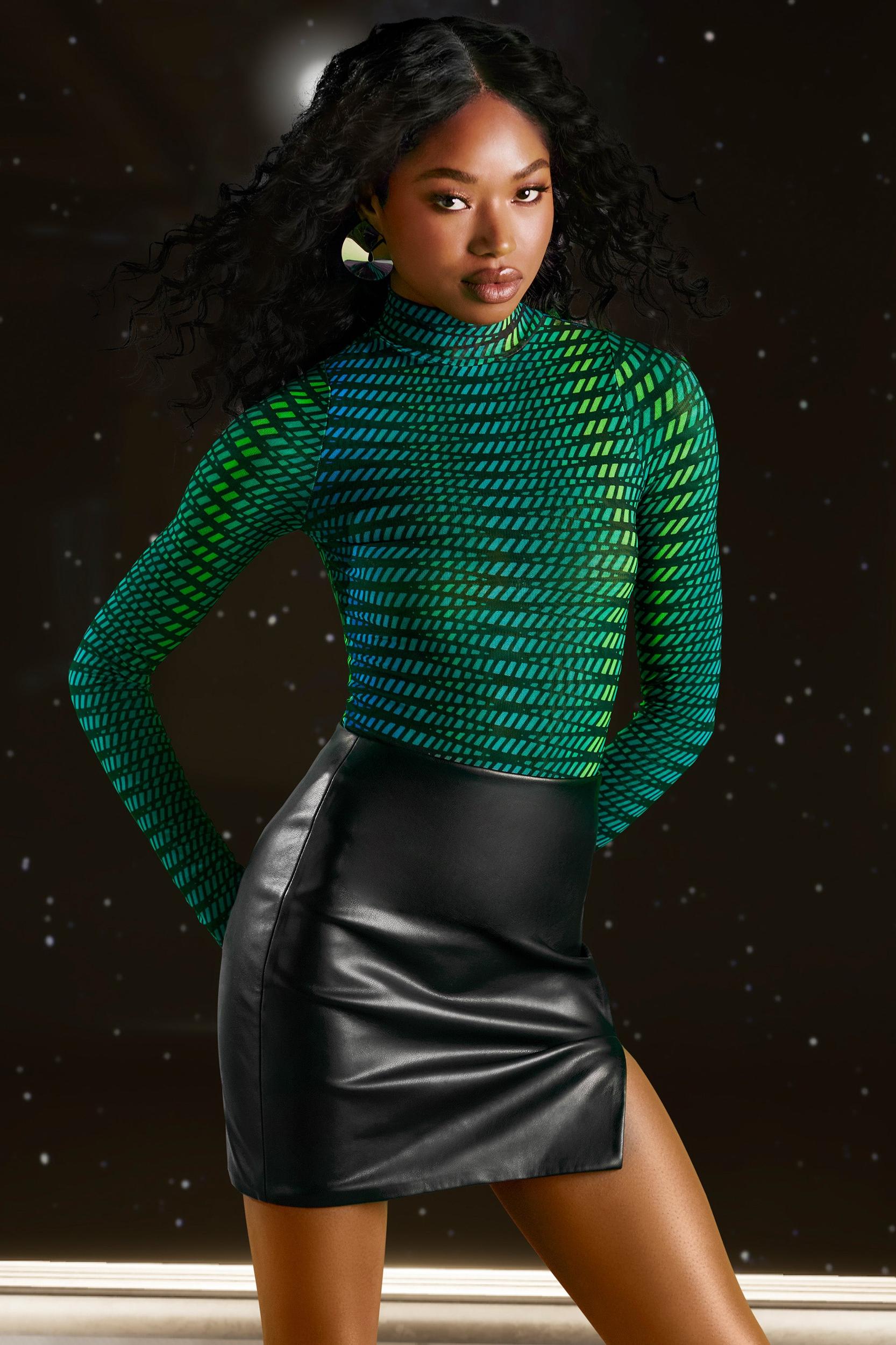 High Neck Mesh Bodysuit in Striped Print Product Image