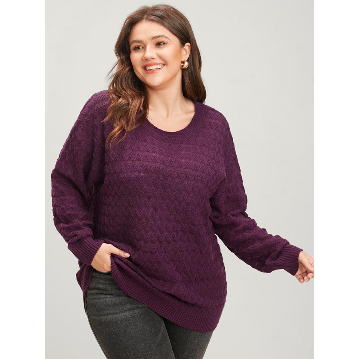 Plus Size Solid Geometric Pointelle Knit Round Neck Knit Top Eggplant Women Elegant Loose Long Sleeve Dailywear Pullovers BloomChic 30/6X Product Image