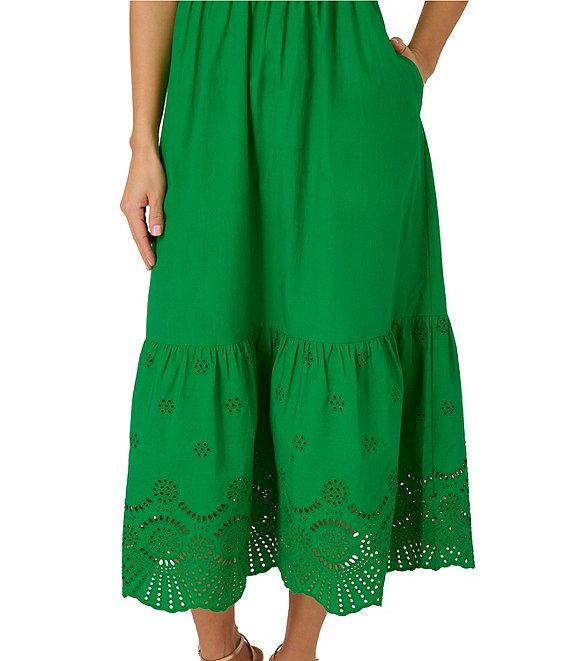 Adrianna Papell Cotton V Neck Sleeveless Eyelet Hem Midi Dress Product Image