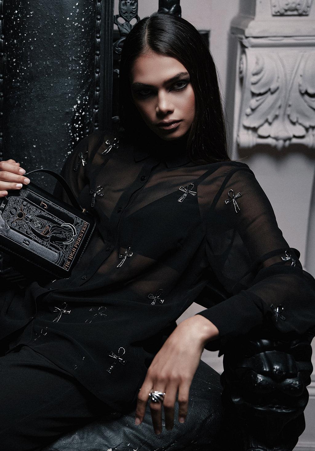 Ankh Beaded Chiffon Button Up Shirt Product Image