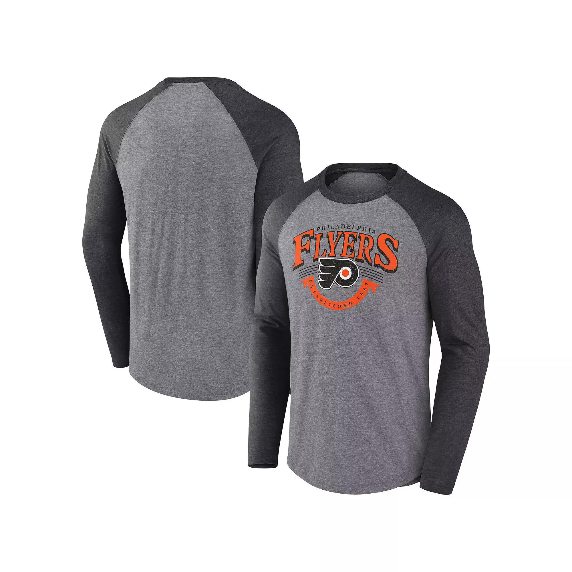 Men's Fanatics Heather Gray/Heather Charcoal Philadelphia Flyers Goal Crease Raglan Tri-Blend Long Sleeve T-Shirt, Size: Medium, Fly Grey Product Image