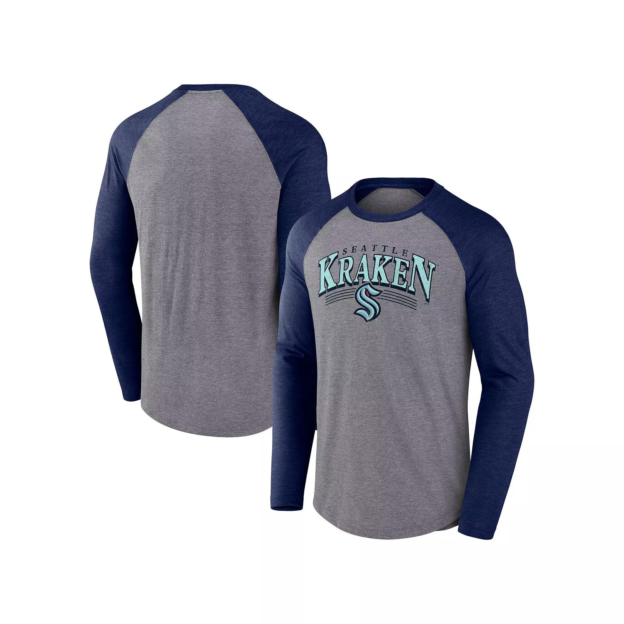 Men's Fanatics Heather Gray/Heather Deep Sea Blue Seattle Kraken Goal Crease Raglan Tri-Blend Long Sleeve T-Shirt, Size: 2XL, Krk Grey Product Image