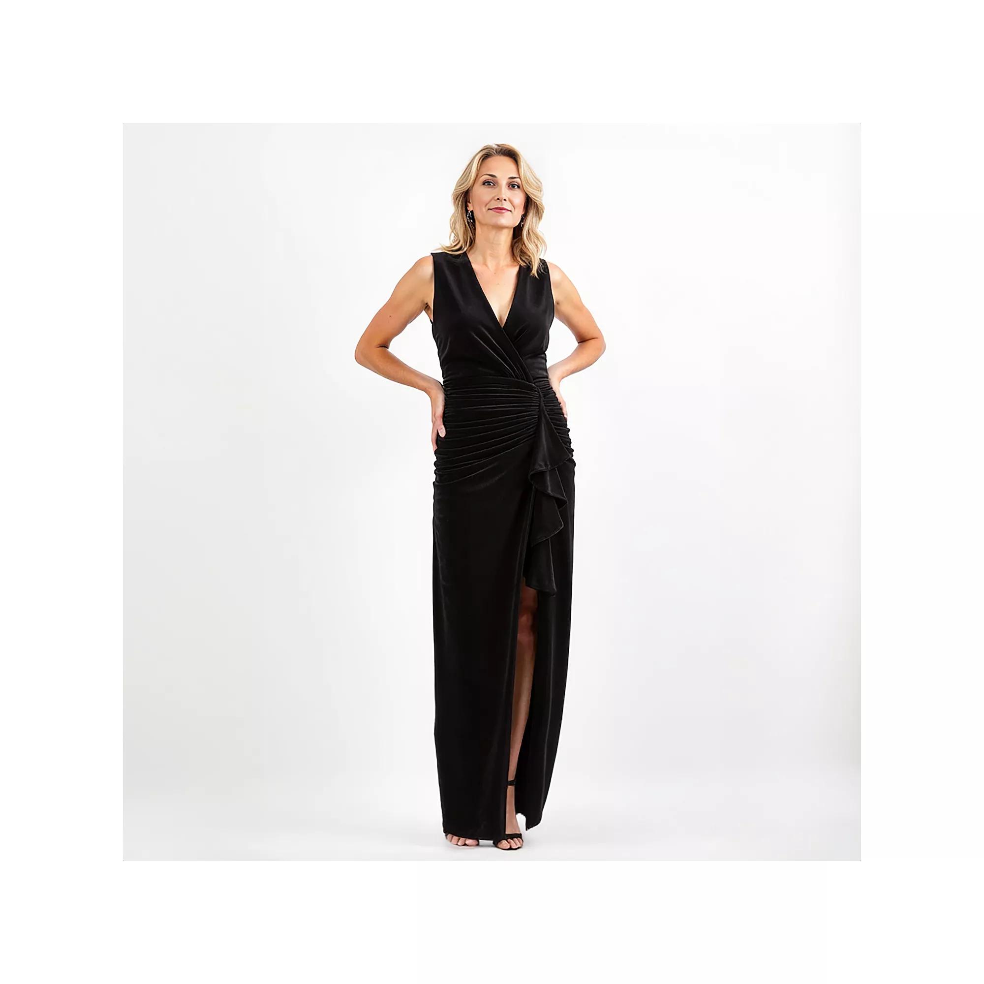 Women's BA Nites Long Velvet Wrap Front Dress, Size: 6, Black Product Image