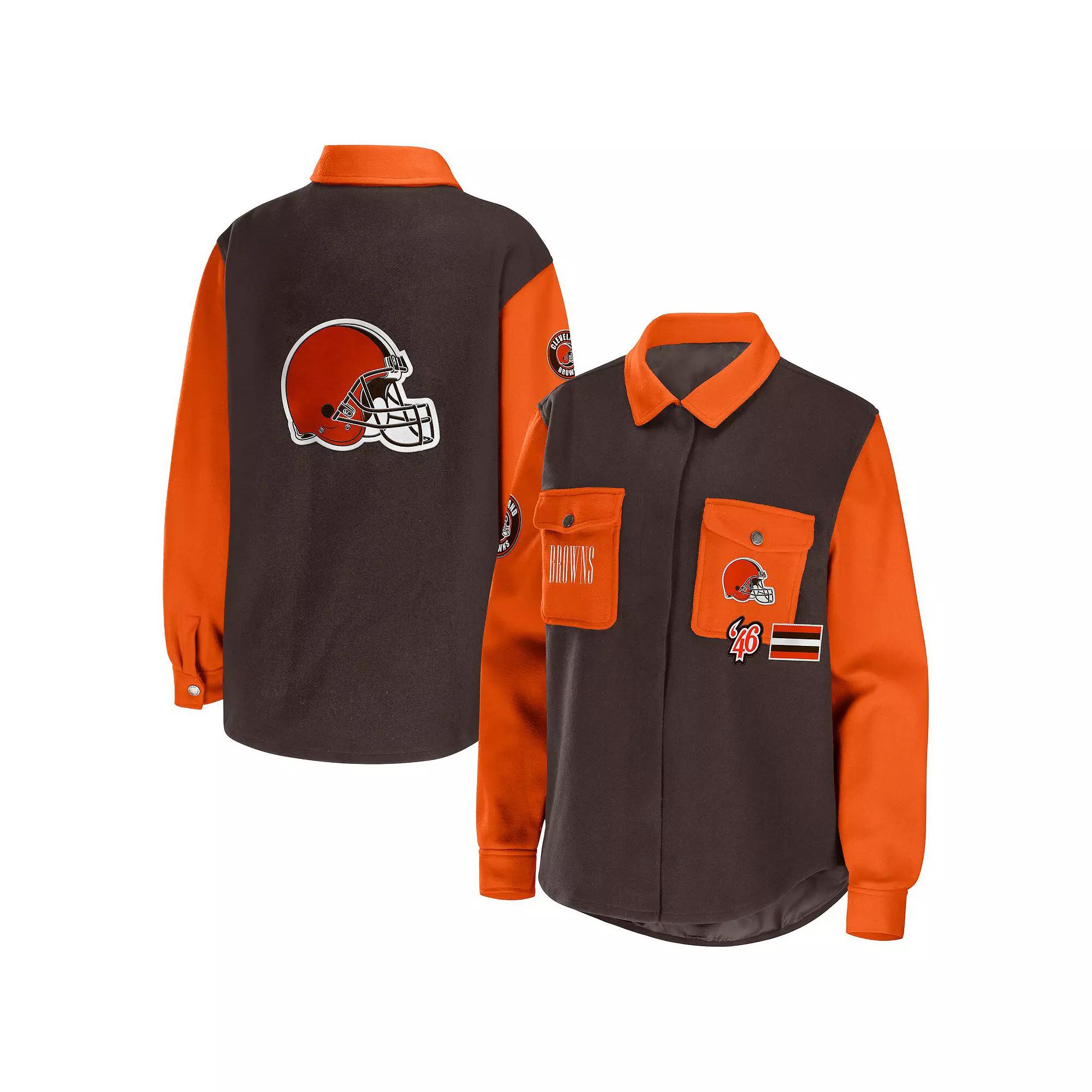 Women's WEAR by Erin Andrews Brown Cleveland Browns Snap-Up Shirt Jacket, Size: XL Product Image