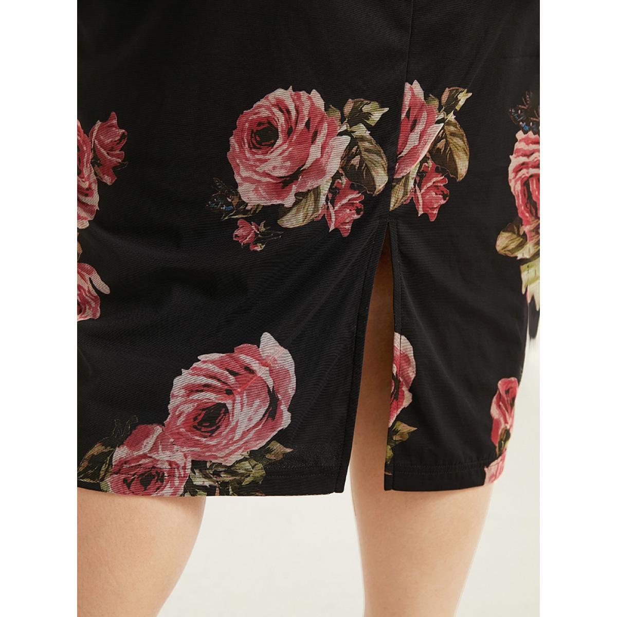 Plus Size Floral Mesh Patchwork Ruched Square Neck Split Hem Dress BlackFlower Women Cocktail Gathered Square Neck Long Sleeve Curvy Midi Dress BloomChic 26/4X Product Image