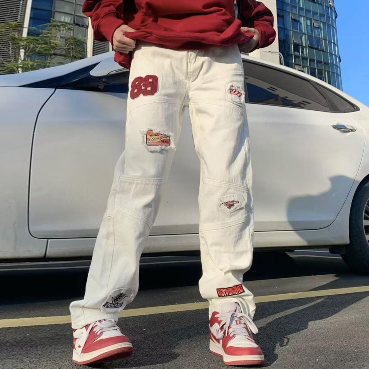 Sopula Men's High Street Embroidered Ripped Straight Jeans Product Image