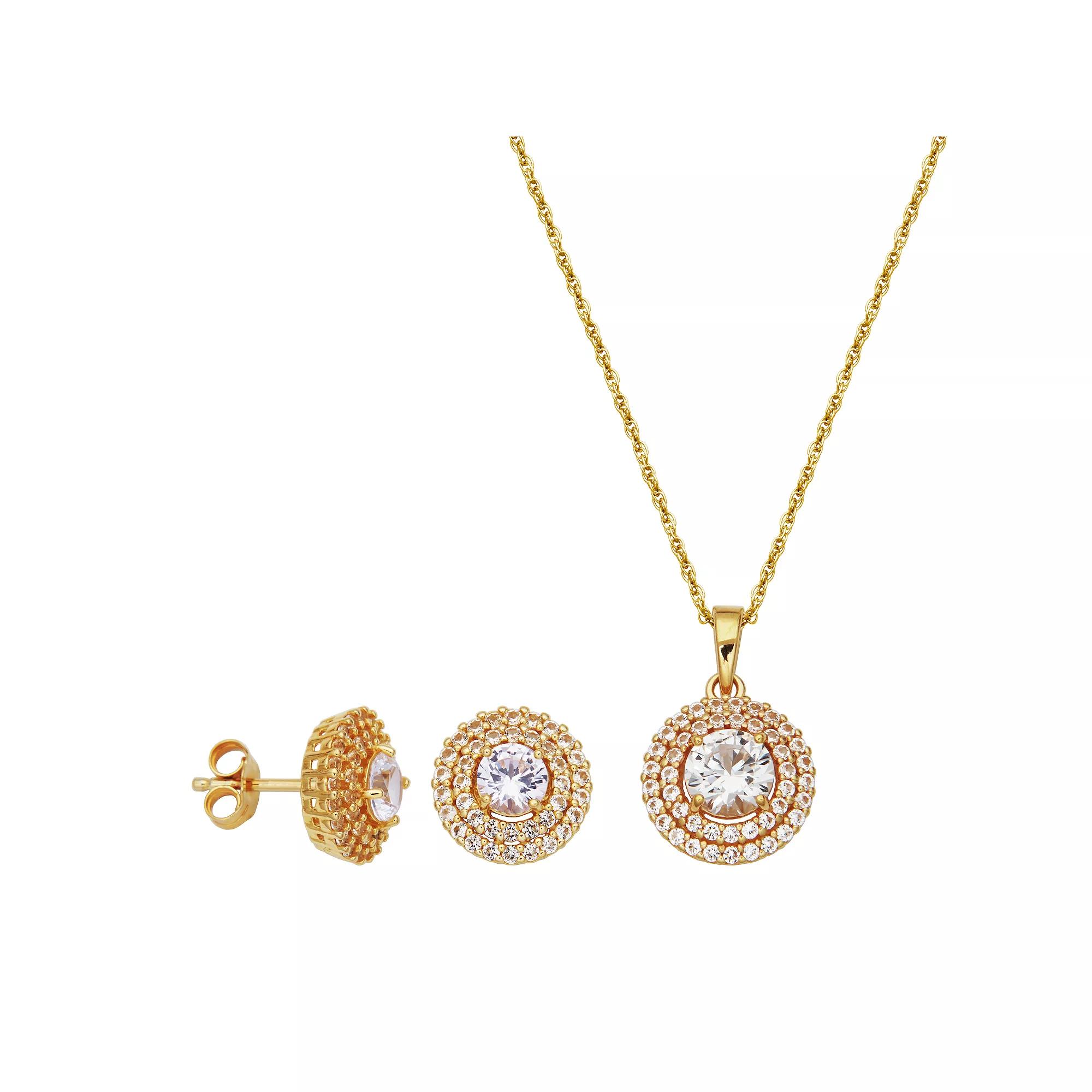 18k Gold Over Silver Lab-Created White Sapphire Halo Stud Earrings and Pendant Necklace Set, Women's, Size: 18", Gold Tone Product Image