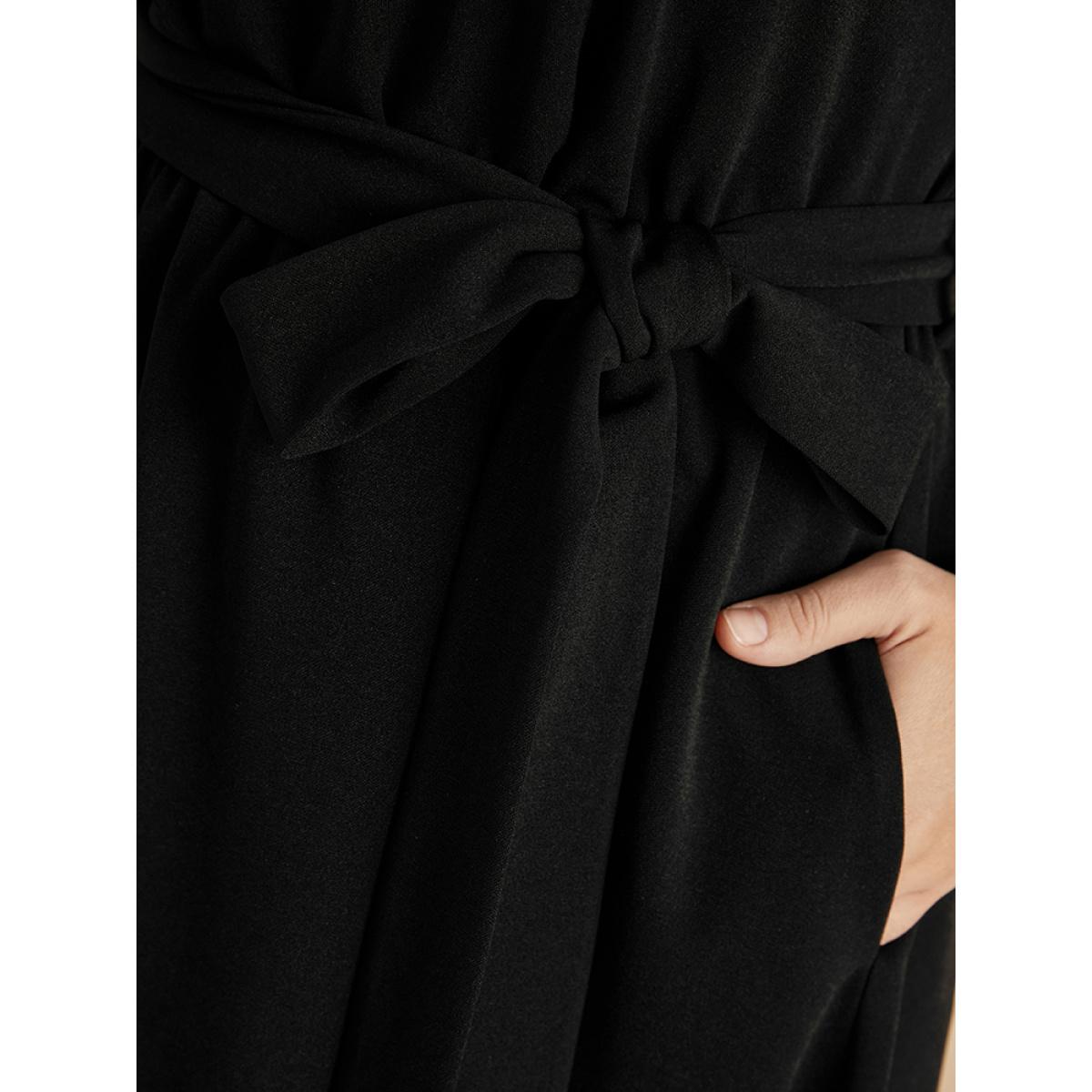 Plus Size Solid Pocket Lace Belted Flutter Dress Black Women Elegant Cut-Out V-neck Long Sleeve Curvy Midi Dress BloomChic 14-16/1X Product Image