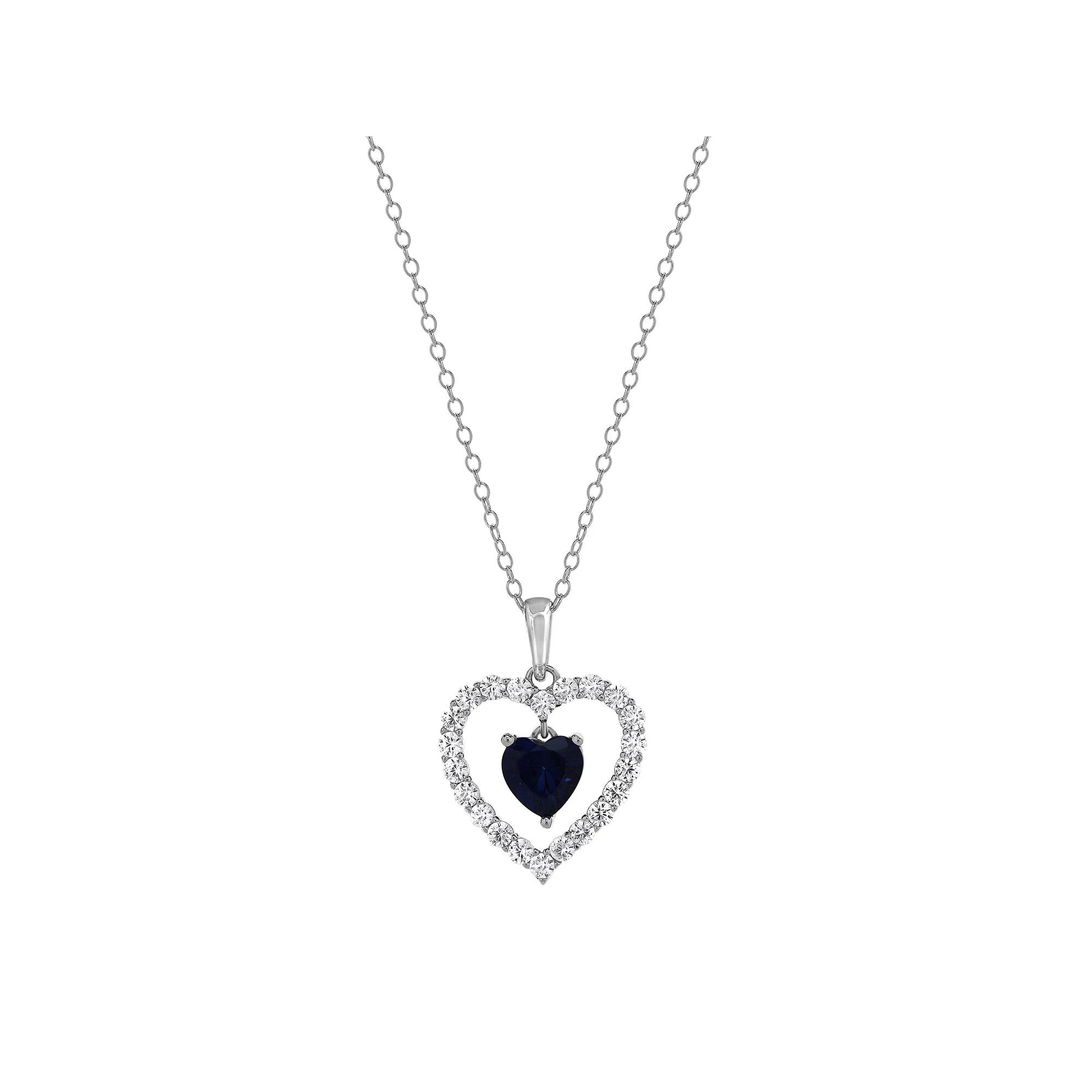 Gemstone Brilliance Lab-Created Gemstone Double Heart Pendant Necklace, Women's, Size: 18", Cr  Blue Silver Product Image