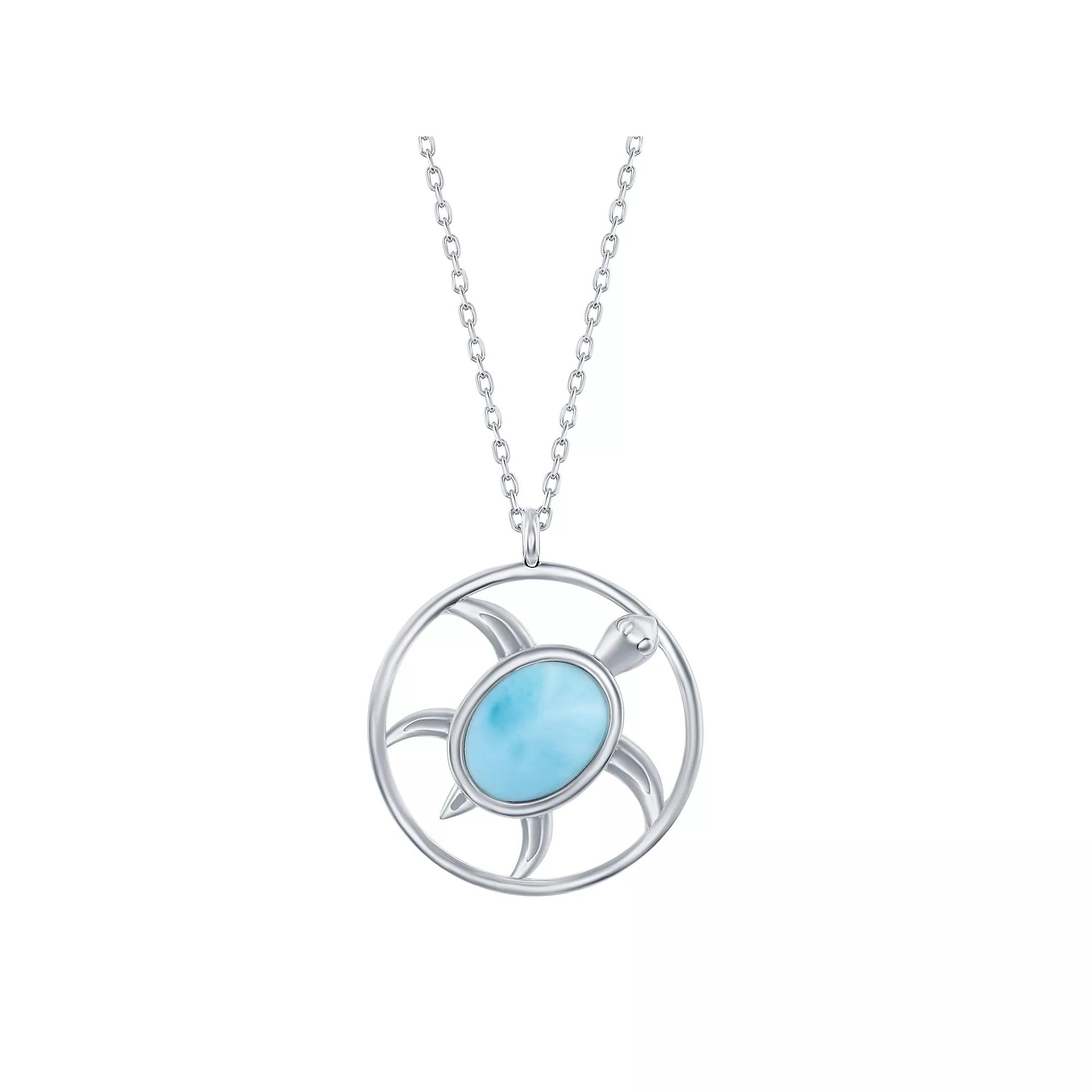 Sterling Silver Oval Larimar Turtle Necklace, Women's, Size: 16" Product Image