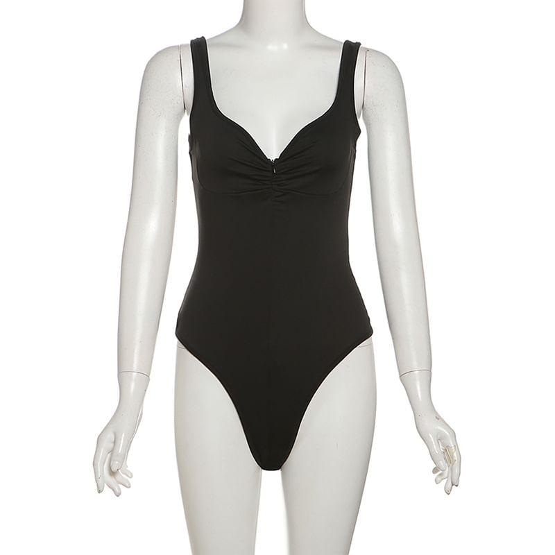 Sleeveless V-Neck Plain Ruched Zip Bodysuit Top Product Image