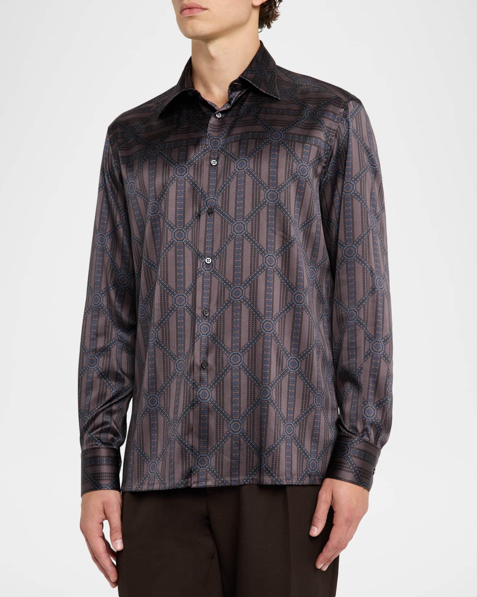Men's Geometric Stripe Silk-Elastane Sport Shirt Product Image