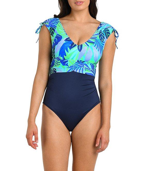 24th & Ocean Aegean Tropics Floral V-Neck Shirred Tummy Control One Piece Swimsuit Product Image