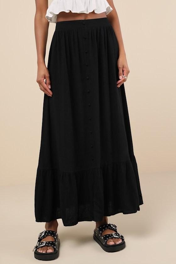Exceptional Cuteness Black Linen Button-Front Midi Skirt Product Image