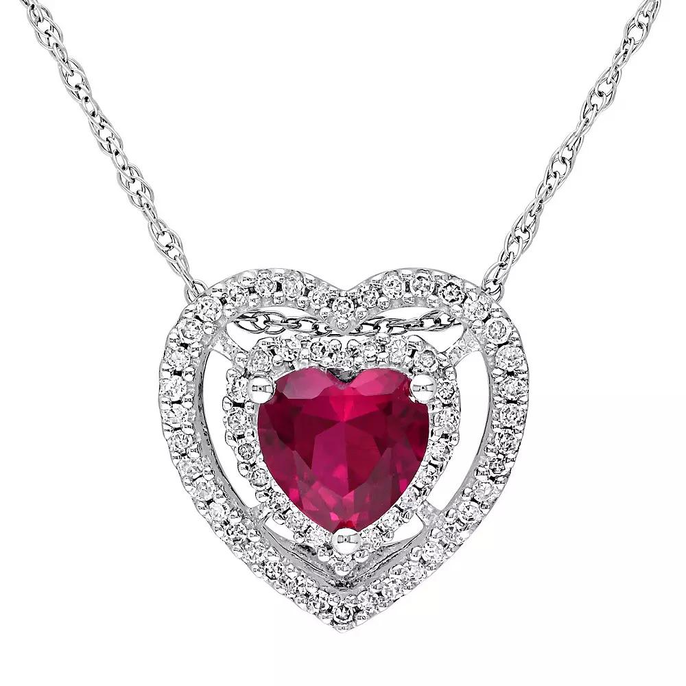 Stella Grace 10k White Gold 1/5 Carat T.W. Diamond & Lab-Created Ruby Heart Pendant Necklace, Women's, Size: 17" Product Image