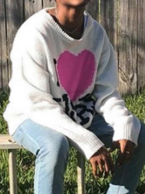 Men's Letter Heart Jacquard Crew Neck Knit Sweater Product Image