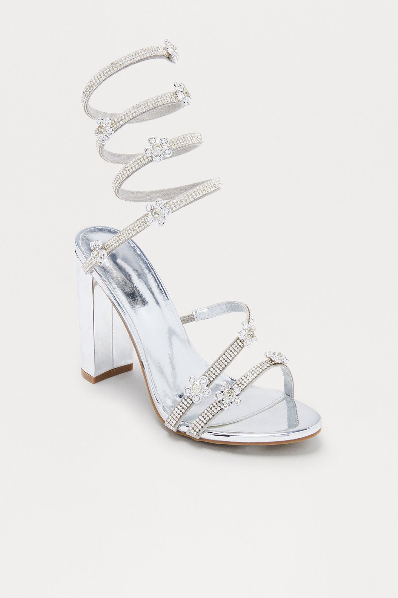 Kylian Rhinestone Flower Wrap Up Heels - Silver Female Product Image