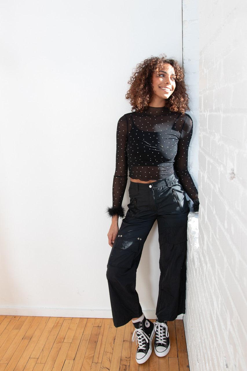 Long Sleeve Fur Trim Rhinestone Mesh Top Product Image