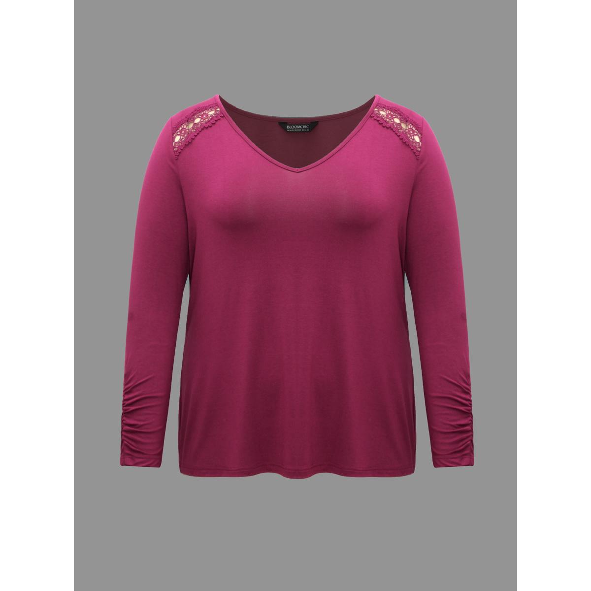 Plus Size Solid V Neck Lace Patchwork T-shirt RedViolet Women Elegant Woven ribbon&lace trim V-neck Everyday T-shirts BloomChic 14-16/1X Product Image