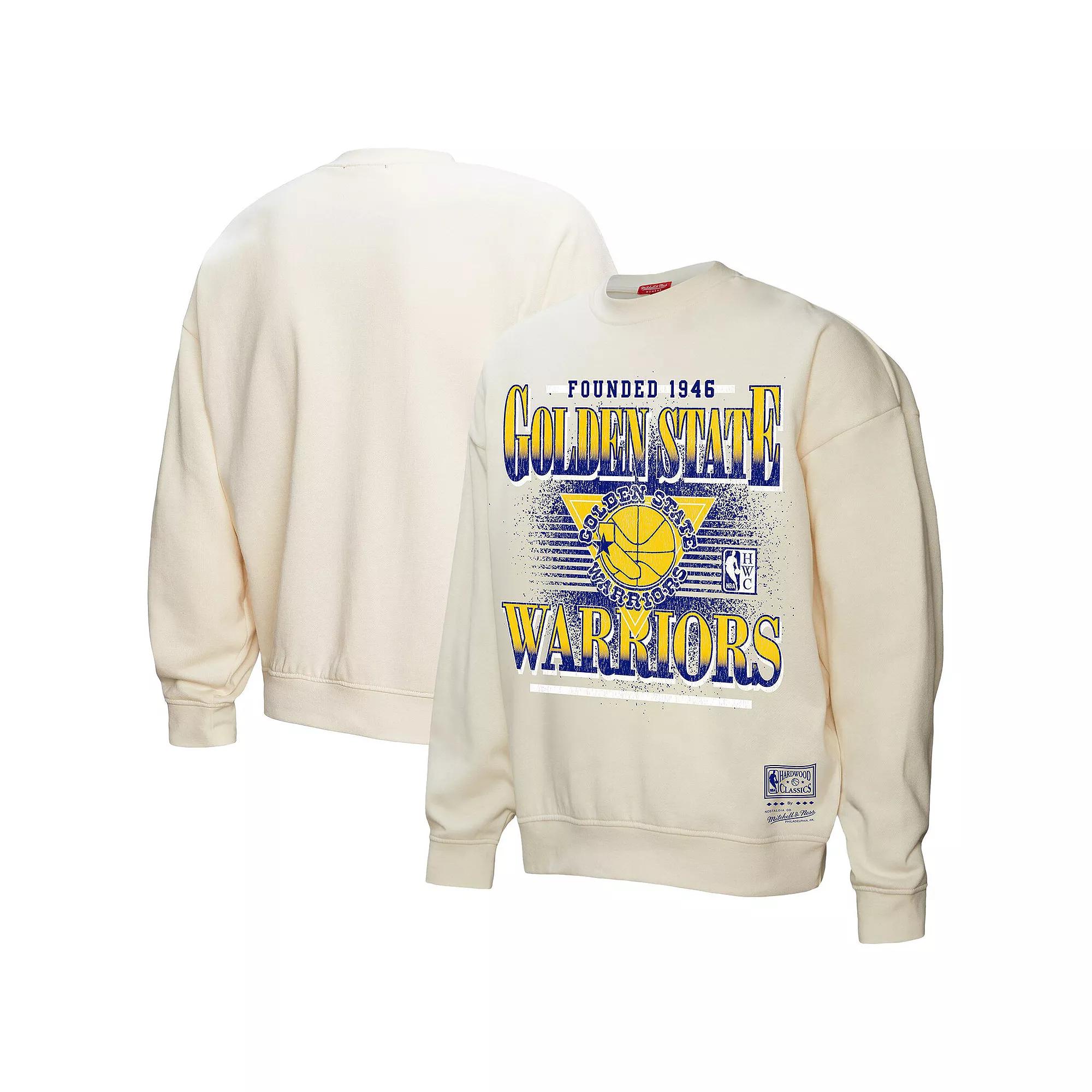 Women's Mitchell & Ness Cream Golden State Warriors Oversprayed Pullover Sweatshirt,  Product Image