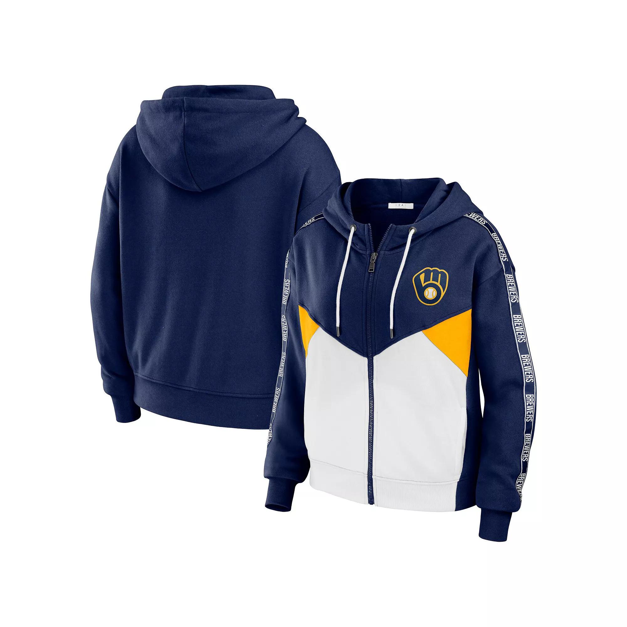 Women's WEAR by Erin Andrews Navy/White Milwaukee Brewers Color Block Full-Zip Hoodie, Size: Small, Blue Product Image
