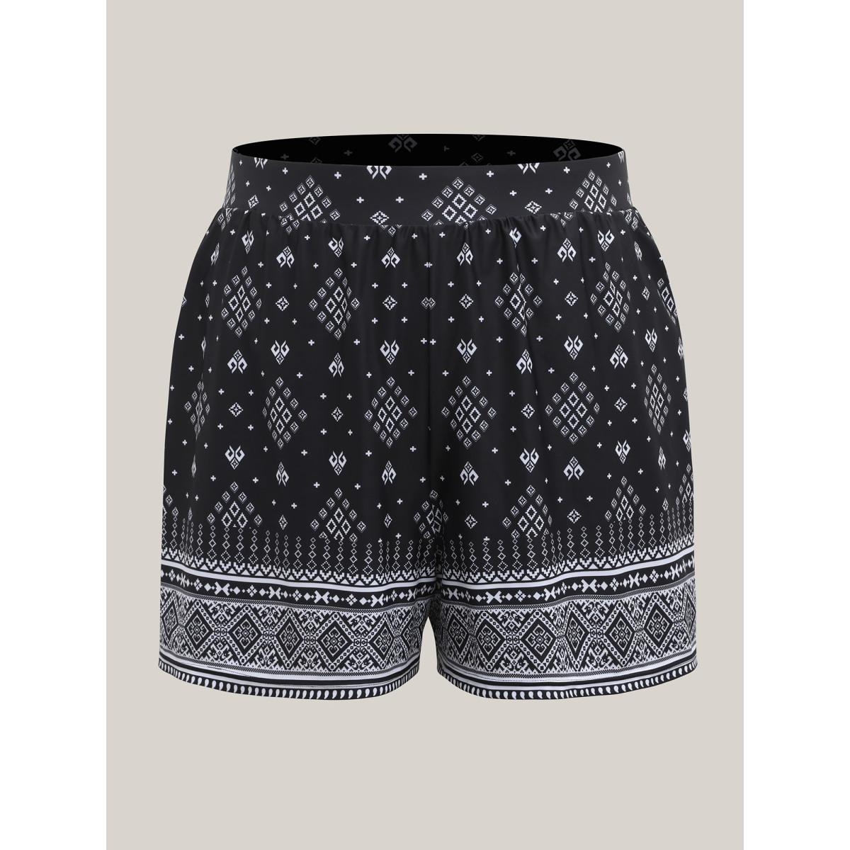 Plus Size Boho Print Pockets Swim Bottoms Women's Swimwear Black Resort Pocket High stretch Wide Leg High Rise Side seam pocket Curve Swim Bottoms BloomChic 10/M Product Image