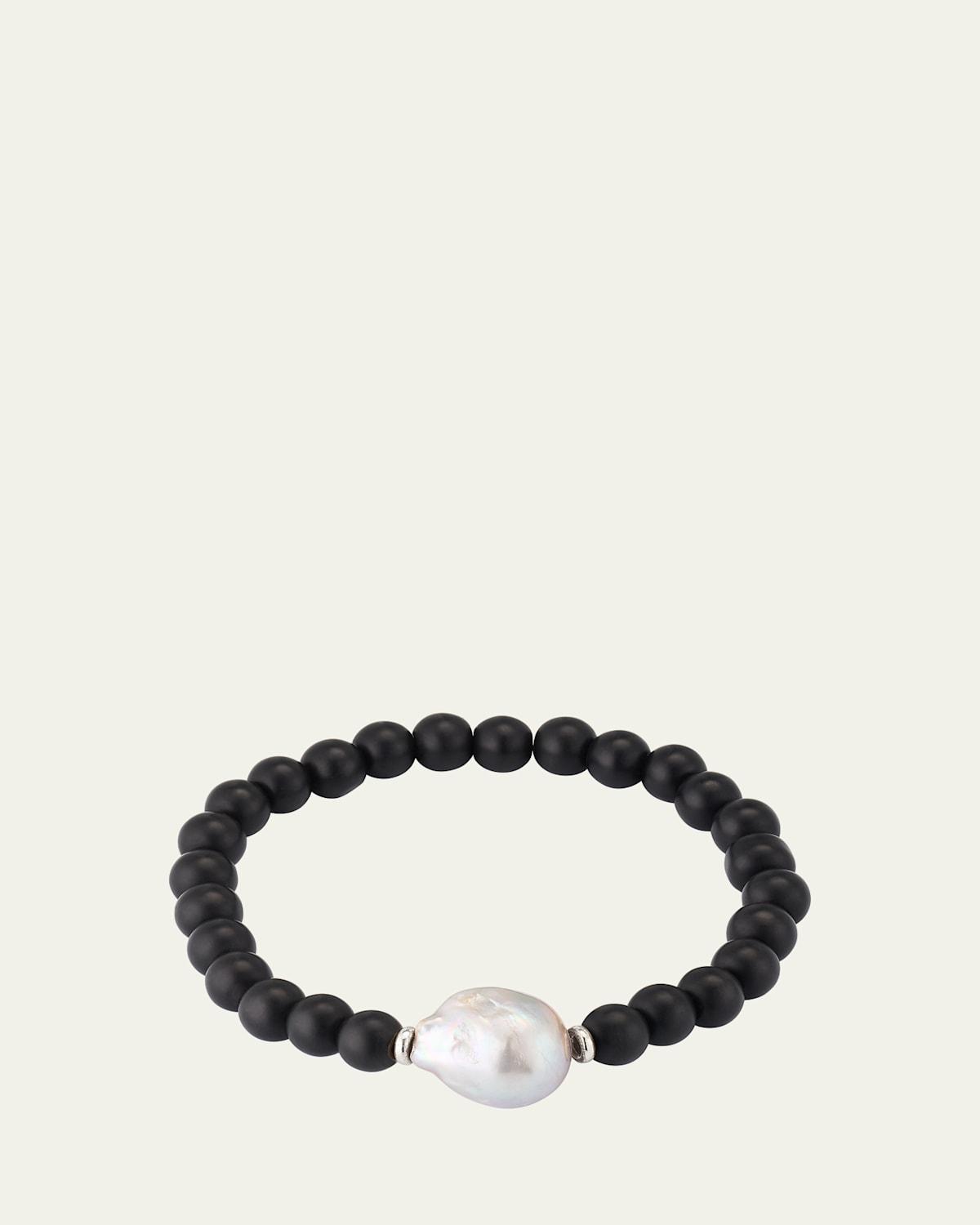 Mens Onyx Beaded Bracelet with Pearl Center Product Image