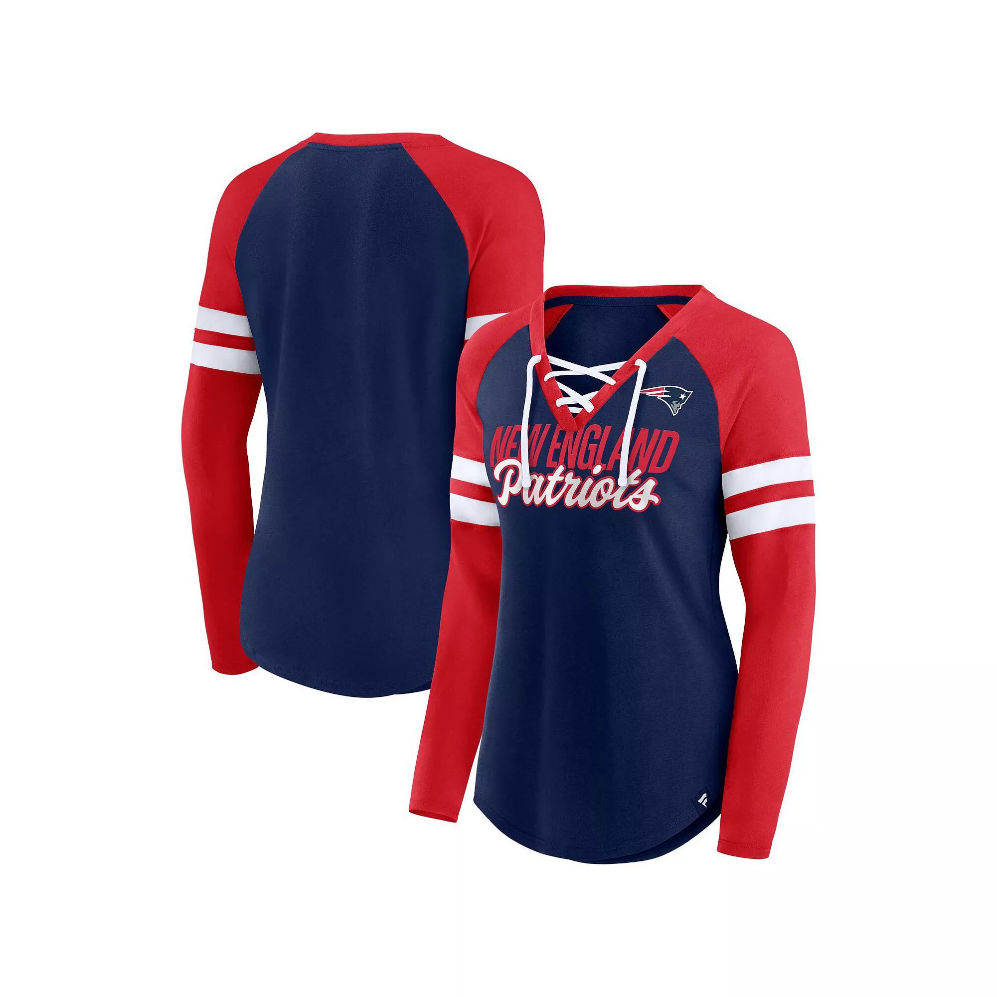 Women's Fanatics Branded Navy/Red New England Patriots Plus Size True to Form Lace-Up V-Neck Raglan Long Sleeve T-Shirt, Size: 4XL, Blue Product Image
