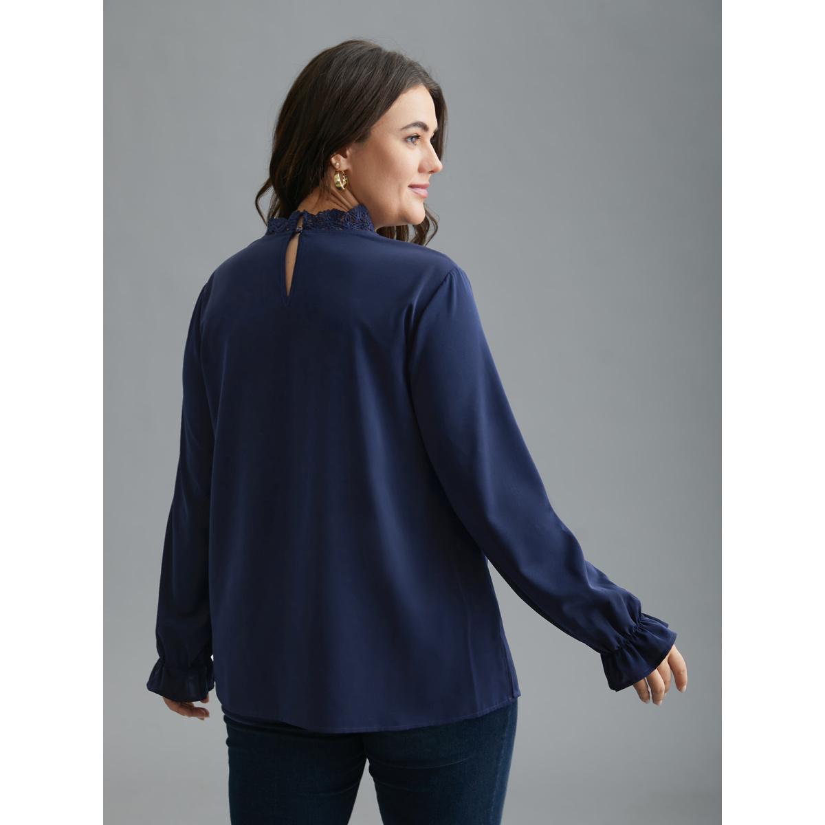 Plus Size Indigo Lace Cut-Out Sheer Stand Collar Blouse Women Elegant Long Sleeve Stand-up collar Everyday Blouses BloomChic 22-24/3X Product Image