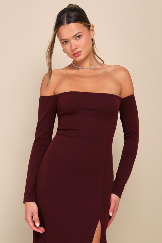 Alluring Sophistication Dark Plum Off-the-Shoulder Maxi Dress Product Image