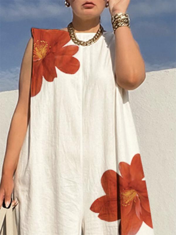 Loose Sleeveless Flower Print Round-Neck Jumpsuits Product Image