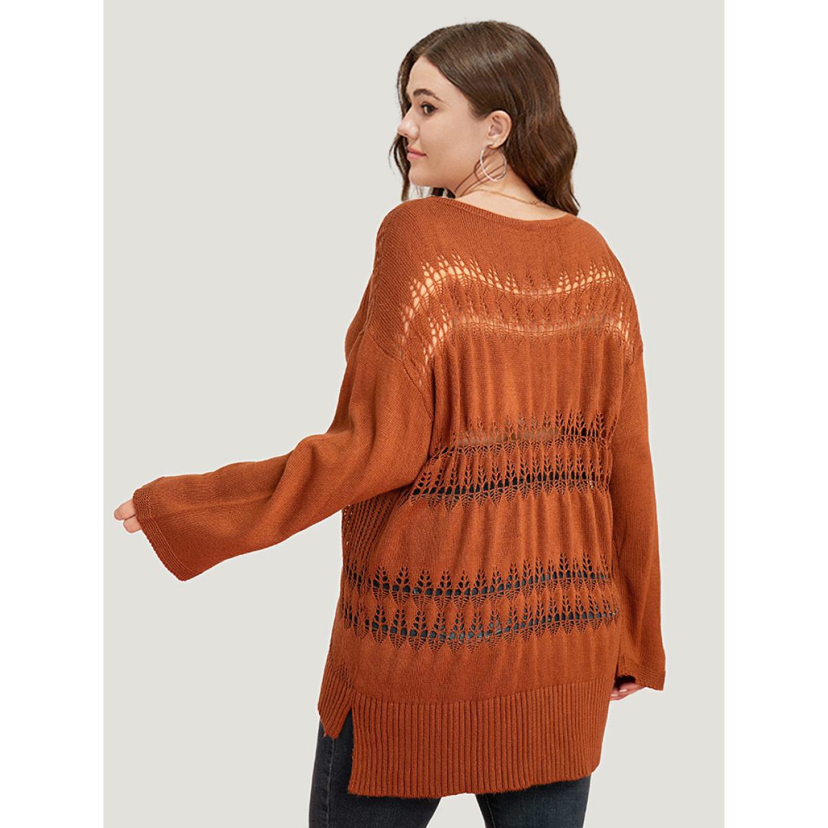 Plus Size Solid Hollow Out Split V Neck Pullover Chocolate Women Casual Loose Long Sleeve V-neck Everyday Pullovers BloomChic 10/M Product Image