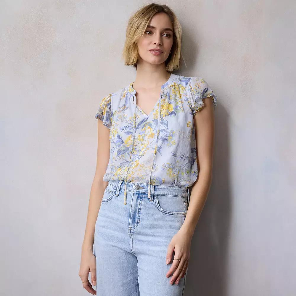 Women's LC Lauren Conrad Tie Front Ruffled V-Neck Shell, Size: XXL, Blue Florabelles Product Image