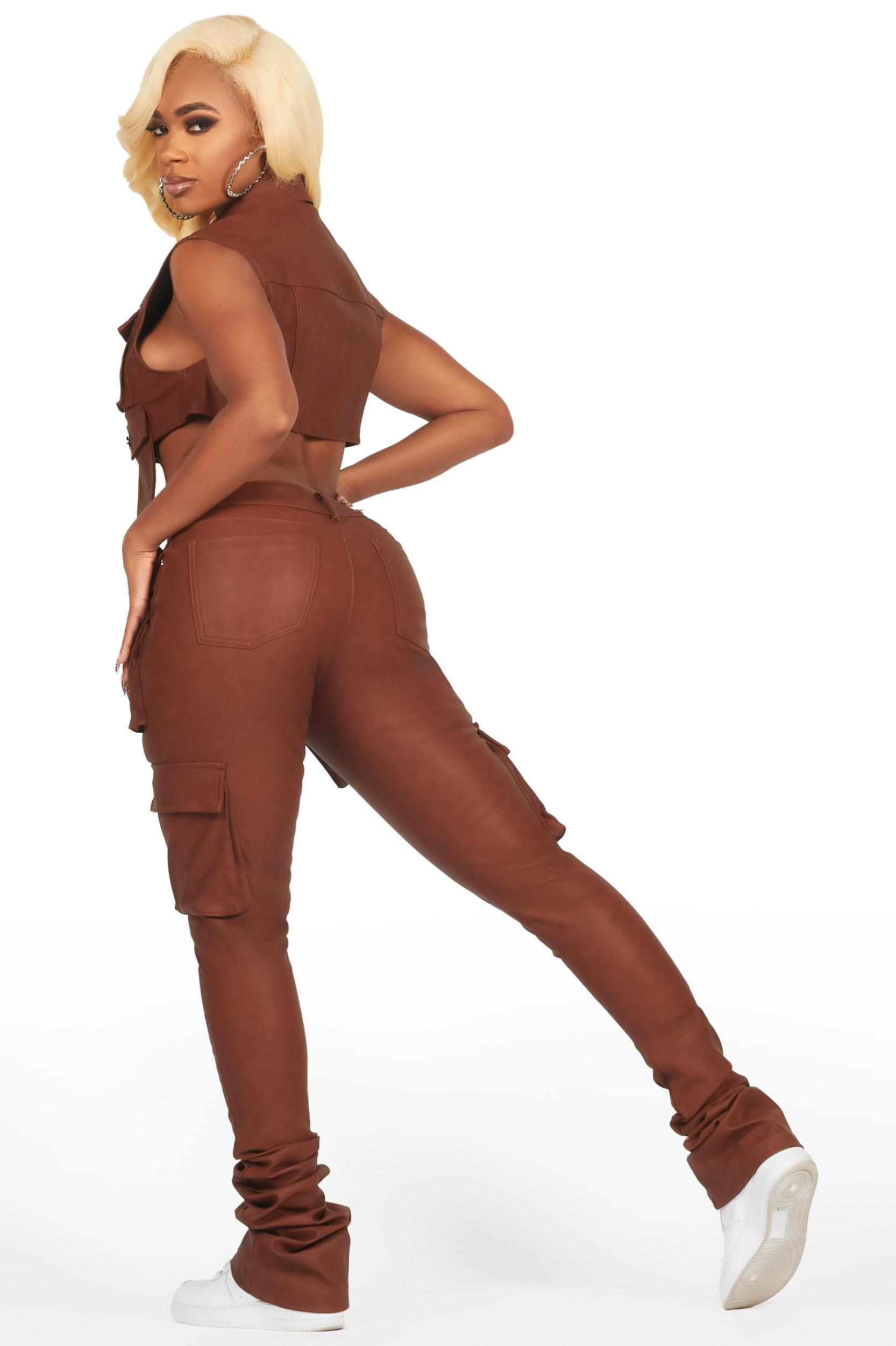 Kiedra Brown Cargo Super Stacked PU Pant Female Product Image