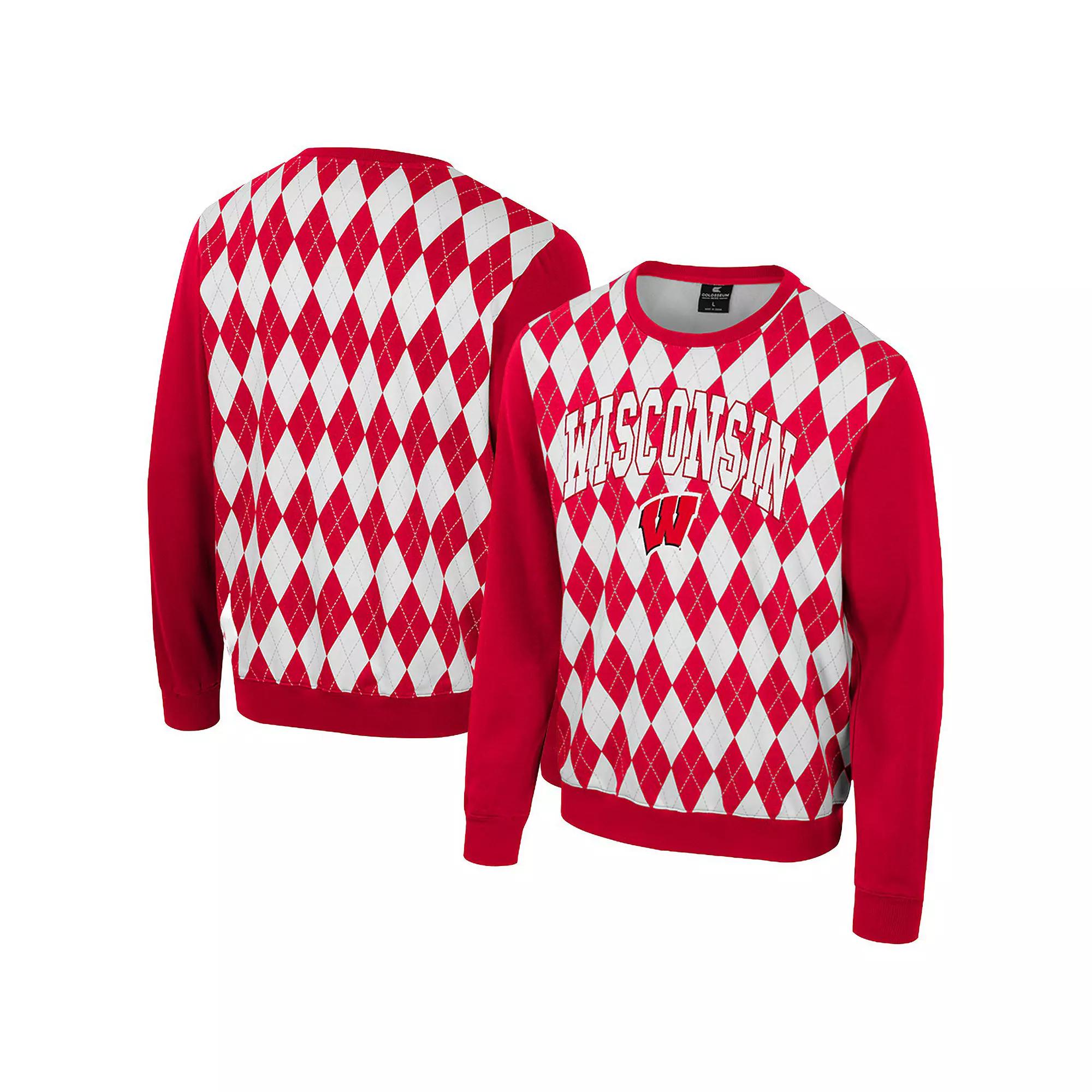 Men's Colosseum Red Wisconsin Badgers The Dealio Argyle Pullover Sweatshirt, Size: Medium Product Image