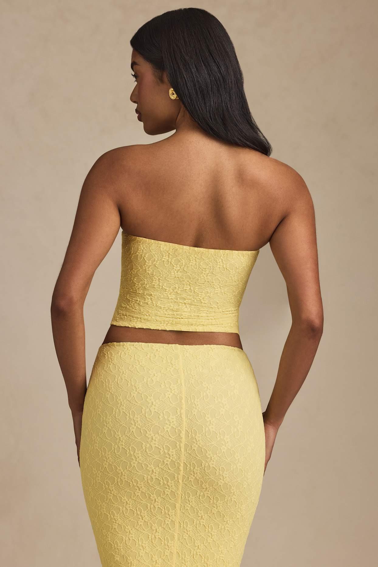 Ruched Strapless Lace Top in Pastel Yellow Product Image