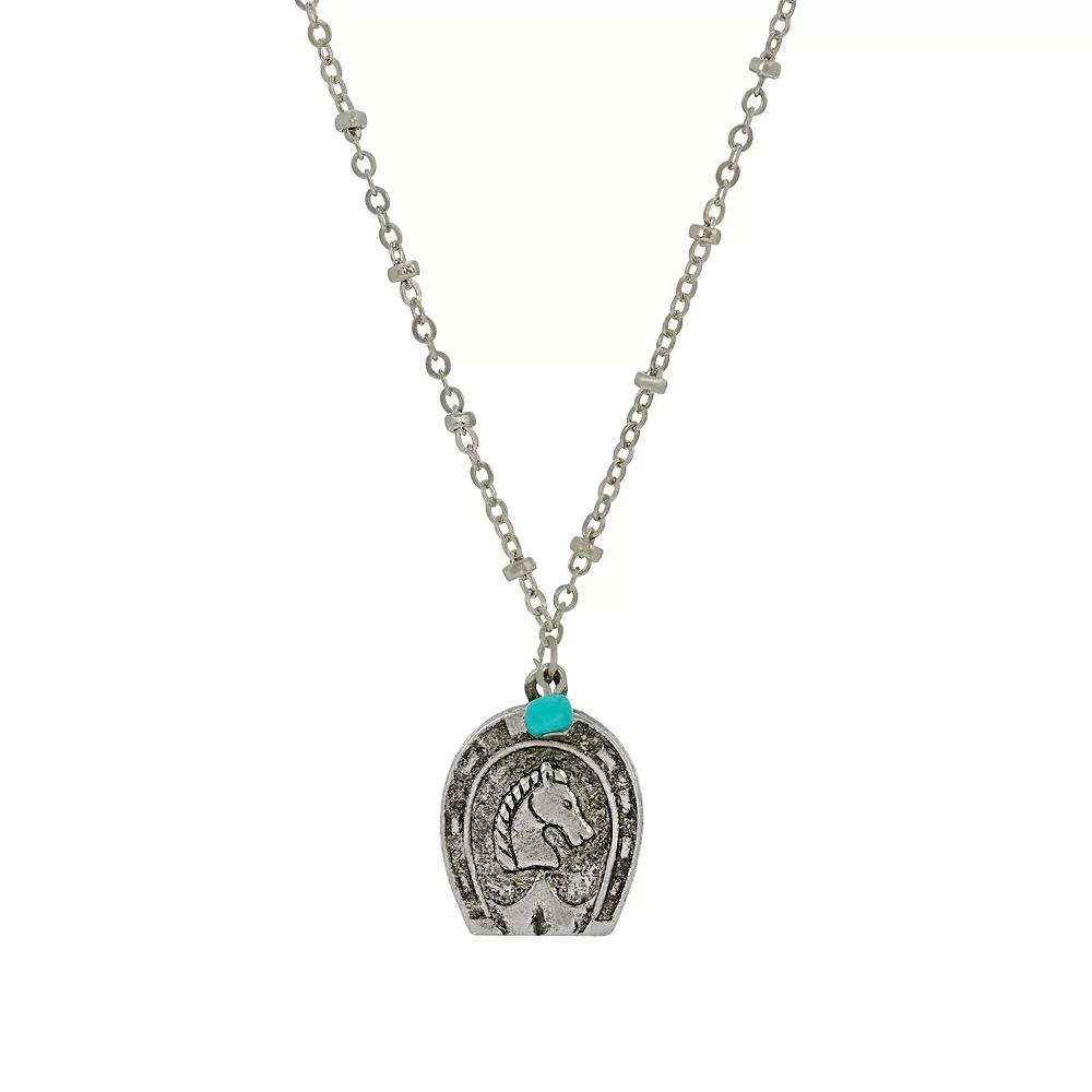 1928 Silver Tone Turquoise Horseshoe Pendant Necklace, Womens Product Image